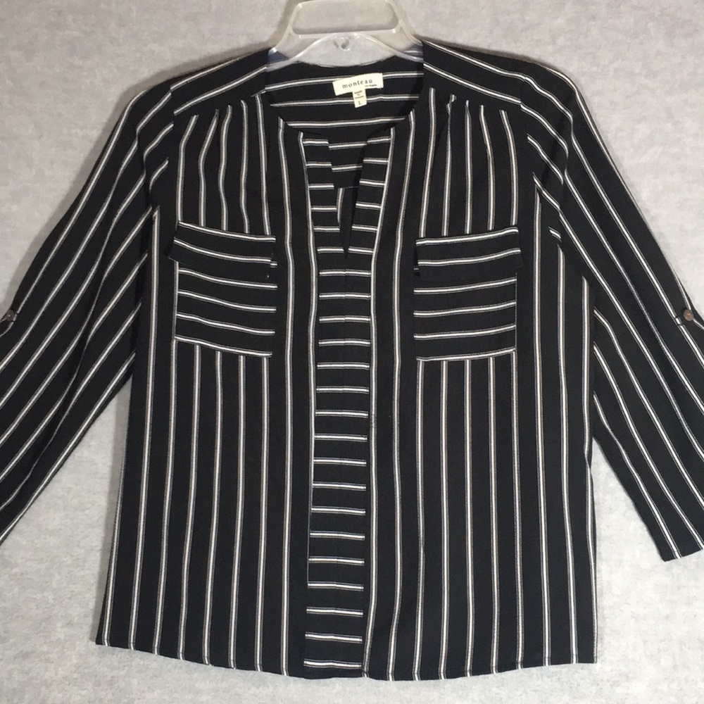 MONTEAU Easy Care Stretch Poly Jersey Slimming Stripes Placket Front Yoke Back